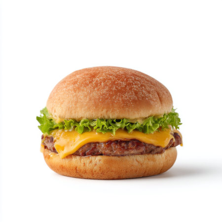 A mouthwatering hamburger featuring a juicy beef patty, melted cheese, fresh lettuce, all nestled between a soft bun, perfect for food lovers.の素材