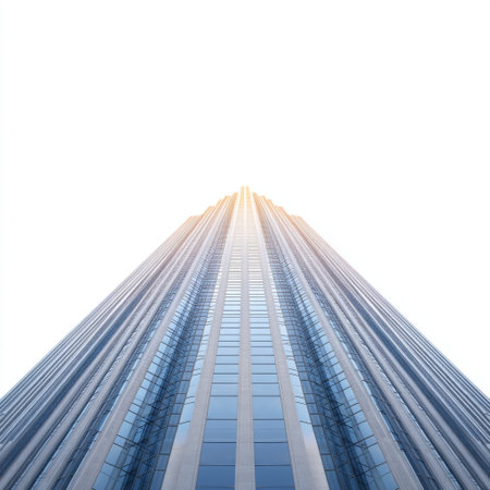 A striking upward view of a glass skyscraper showcasing modern architecture in an urban setting. The image captures the building's vertical lines and reflections, emphasizing its height and sleek design.の素材