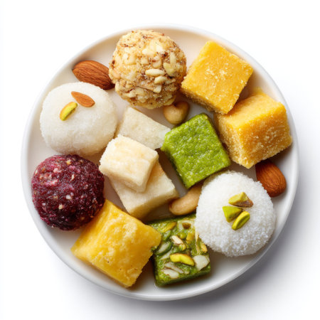 Discover a delightful assortment of colorful traditional sweets presented on a white plate, perfect for festivals and cultural celebrations, featuring rich textures and flavors.の素材