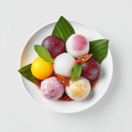 A visually appealing assortment of colorful mochi on a white plate, beautifully garnished with mint leaves and greenery. Perfect for dessert lovers.の素材