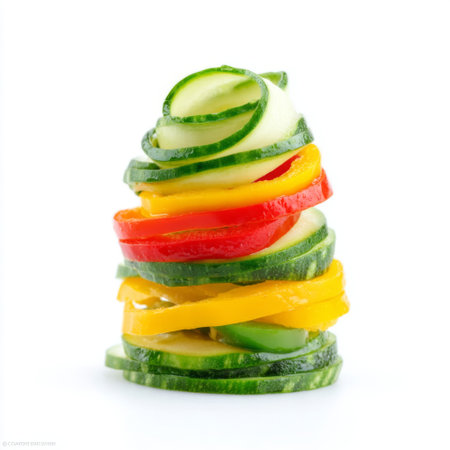 A vibrant arrangement of freshly sliced vegetables, including zucchini, bell peppers, and cucumbers, showcases healthy eating and culinary creativity.の素材
