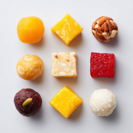 A beautiful assortment of Indian sweets arranged in a grid pattern, showcasing a variety of shapes, colors, and textures that highlight cultural traditions.の素材