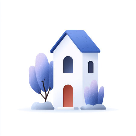 This delightful illustration showcases a cozy house nestled amidst winter trees, featuring a serene snowy backdrop in soft pastel tones. Perfect for winter-themed projects.の素材