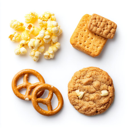 A delightful assortment of snacks including popcorn, pretzels, cookies, and graham crackers arranged on a white background, perfect for sharing and enjoying any time.の素材