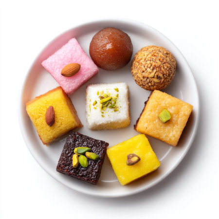 A beautiful presentation of assorted traditional Indian sweets on a white plate, featuring colorful cubes and round treats, perfect for celebrations.の素材