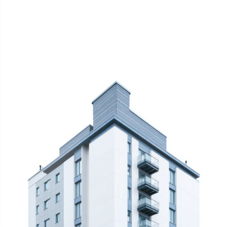 A striking image of a modern urban building showcasing contemporary architecture, featuring balconies and a minimalist design that complements its surroundings.の素材
