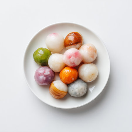 A vibrant collection of traditional Asian rice balls arranged on a white plate, showcasing colorful glazes and inviting textures perfect for cuisine enthusiasts.の素材