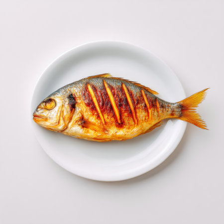 A beautifully presented freshly grilled whole fish on a round white plate perfect for culinary photography, showcasing the crispy crust and vibrant color.の素材