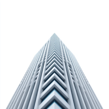 This image features a striking perspective of a modern skyscraper that showcases unique architectural lines and geometric forms against a clean sky.の素材