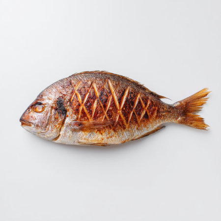 This image features a beautifully grilled whole fish resting against a clean white background. Its charred texture highlights culinary finesse, making it an excellent fit for seafood-centric projects. Ideal for menus, cookbooks, or culinary blogs.の素材