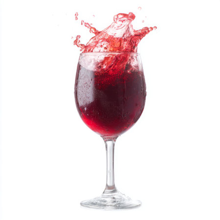 A vibrant red beverage splashes joyfully in an elegant glass, perfect for celebrations and summer parties. This refreshing drink captures moments of enjoyment and fun.の素材