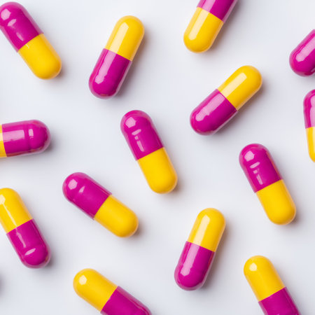 This image showcases vibrant yellow and purple capsules arranged on a clean white background. Ideal for health and pharmaceutical projects, the colorful design adds life to medical themes.の素材