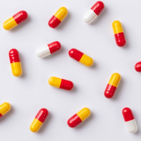 Brightly colored capsules and pills scattered on a white surface, ideal for health and medical concepts, showcasing vibrant colors and medication forms.の素材