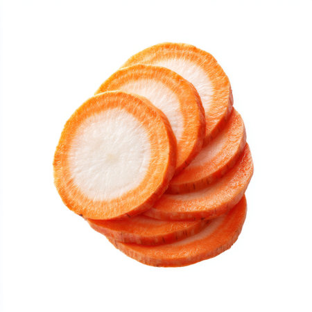 This image features several freshly cut orange carrot slices stacked neatly, showcasing their vibrant color and crisp texture, ideal for healthy cooking and culinary uses.の素材