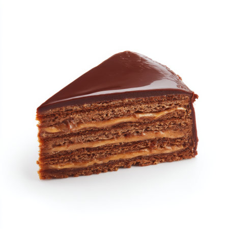 A tempting slice of chocolate layer cake featuring rich filling and glossy topping. Ideal for dessert lovers and special occasions, showcasing layers of indulgence.の素材