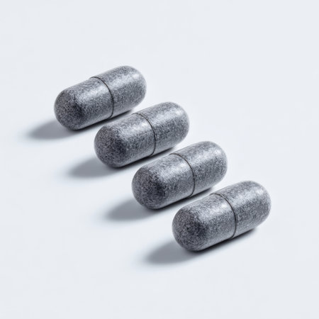 A set of four gray capsules arranged neatly over a soft gradient background, showcasing a minimalist design ideal for health and wellness themes.の素材
