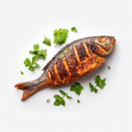 This image features a beautifully grilled whole fish adorned with fresh herbs, presenting an appetizing culinary creation perfect for food enthusiasts.の素材