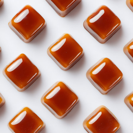 A stunning display of colorful glossy candies arranged neatly on a white background. The vibrant designs and textures create an appetizing visual treat.の素材