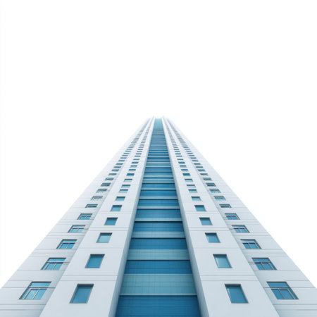 A breathtaking view of a tall modern skyscraper showcasing blue windows and a minimalistic design, creating a striking urban landscape against a clear sky.の素材