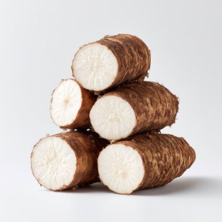 A visually appealing arrangement of fresh root vegetables on a clean white background, perfect for culinary and nutritional themes. Ideal for food-related projects.の素材