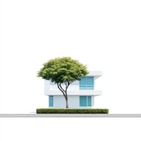 A sleek modern house stands alongside a lush tree and trimmed hedge, presenting a tranquil and artistic atmosphere ideal for contemporary living.の素材