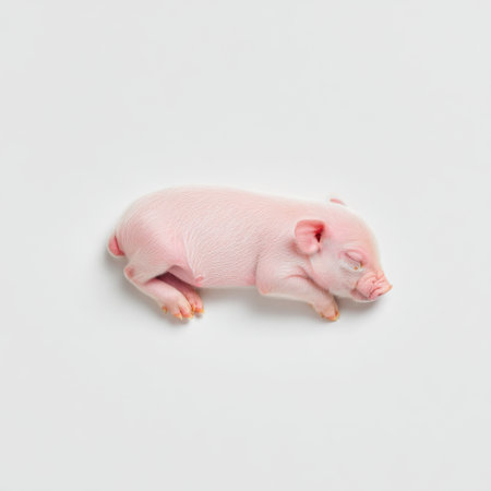 This image features a cute, sleeping baby piglet on a clean white background, capturing a moment of serenity and innocence in farm life. Perfect for animal lovers.の素材