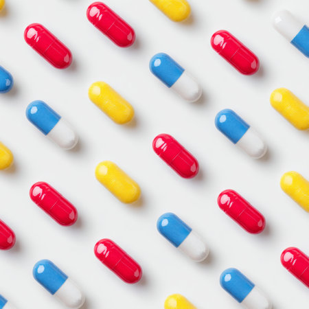 A vibrant assortment of pills and capsules in red, blue, yellow, and white colors laid out against a clean white background, suitable for healthcare and wellness themes.の素材