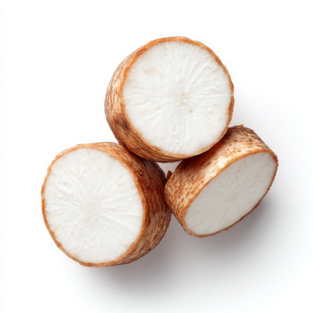 This image features freshly cut roots showcasing their texture and detail on a pristine white background. Ideal for food-related projects.の素材