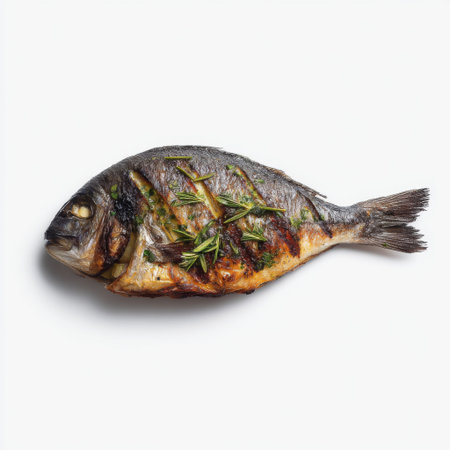 A beautifully grilled whole fish garnished with fresh herbs sits against a clean white background, showcasing its delicious texture and inviting aroma. Perfect for culinary enthusiasts looking for vibrant food photography.の素材
