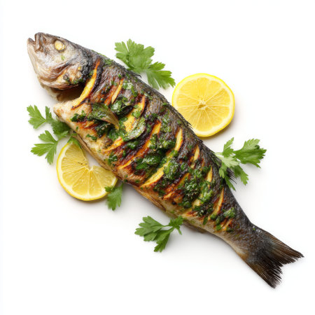 A visually appealing grilled fish garnished with fresh herbs and lemon slices, perfect for culinary presentations in gourmet cuisine or healthy meals.の素材