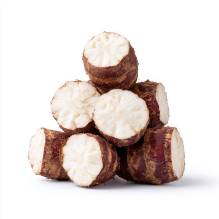 A visually appealing stack of fresh and organic root vegetable slices on a clean white background, perfect for culinary uses and healthy recipes.の素材