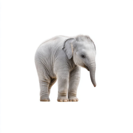 This captivating image features a young elephant standing gracefully, showcasing its soft gray skin and curious big eyes, perfect for wildlife enthusiasts.の素材