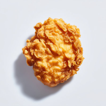A beautifully styled piece of crispy fried chicken showcasing a golden-brown texture against a clean white background. Perfect for food enthusiasts.の素材