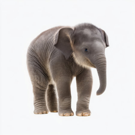 This image features a charming baby elephant standing gracefully on a clean white background. Its gentle expression and playful stance convey a sense of innocence and wonder, making it perfect for educational and conservation themes.の素材