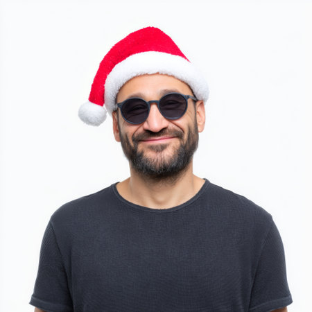 A joyful man wearing a Santa hat and sunglasses smiles broadly against a clean white background, embodying holiday cheer and festive spirit.の素材