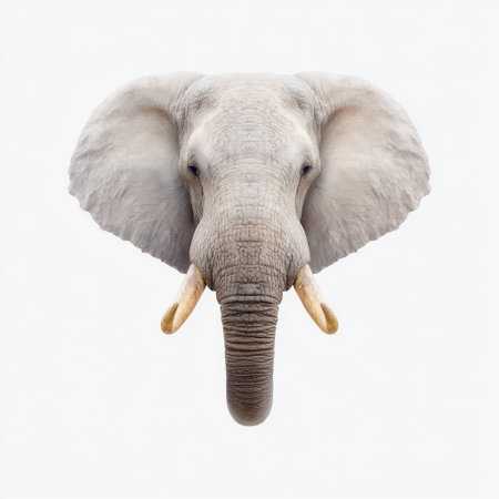 A stunning close-up portrait of an elephant showcasing intricate details of its face, including tusks and textured skin, against a minimalistic backdrop.の素材