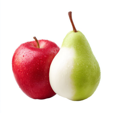 This image captures a fresh red apple and a green pear, both adorned with water droplets, against a clean white background, perfect for food-related projects.の素材
