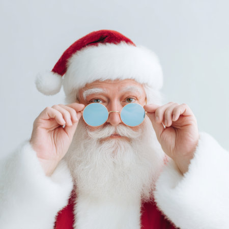 A whimsical portrait of a Santa Claus figure sporting round sunglasses and a classic red hat with white fur. The image captures a cheerful holiday spirit.の素材