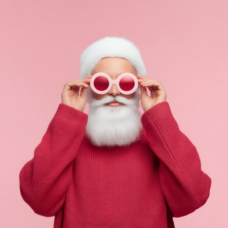 Playful Santa Claus showcases a modern twist with trendy pink sunglasses and a cozy red sweater, evoking festive cheer against a vibrant pink background.の素材