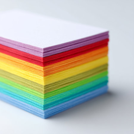 A vibrant stack of colorful paper sheets in rainbow shades ideal for art projects, school activities, and creative designs. These sheets offer inspiration and versatility for various crafts.の素材