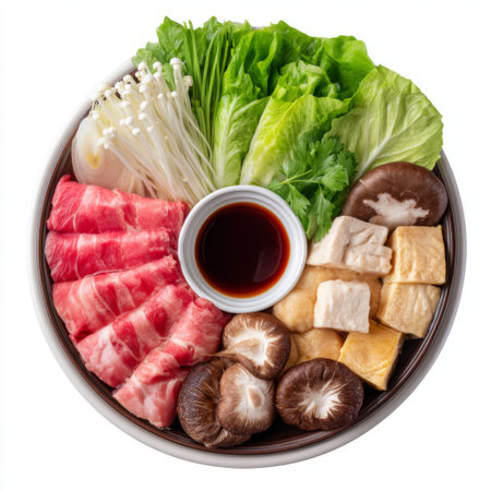 A vibrant assortment of fresh ingredients arranged for an Asian hot pot. Featuring thinly sliced meat, assorted mushrooms, crisp vegetables, and flavorful sauces.の素材