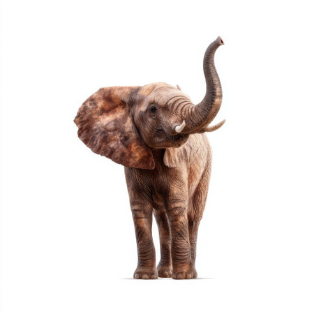 This striking image features a majestic elephant standing upright with its trunk raised. The detailed skin texture and neutral colors highlight the beauty of wildlife in a minimalist style.の素材