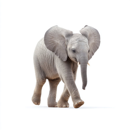 A charming baby elephant walks playfully, showcasing its curiosity and innocence in a natural habitat filled with vivid textures and beautiful light.の素材