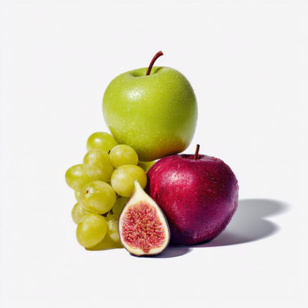 This beautifully arranged composition showcases a green apple, red apple, juicy grapes, and a sweet fig, all against a clean white background. Perfect for healthy lifestyle themes.の素材