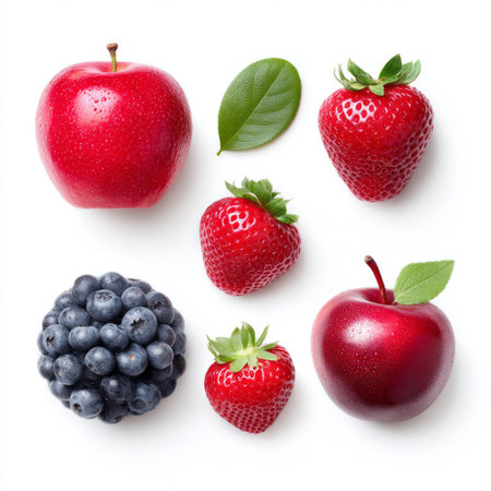 A vibrant arrangement of fresh red apples, juicy strawberries, and plump blueberries on a light background, perfect for showcasing healthy eating.の素材