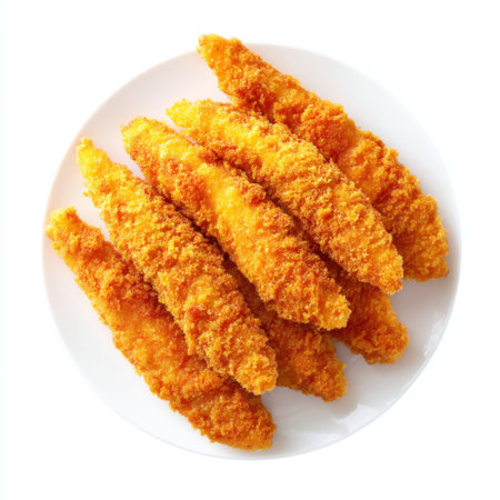 A vibrant presentation of crispy golden fried fish fillets on a white plate, perfect for a delicious meal or snack. Ideal for culinary inspiration.の素材