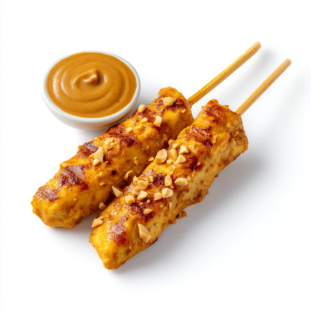 Enjoy the vibrant appeal of chicken satay skewers served with rich peanut sauce and sprinkled chopped peanuts. An appetizing delight for food lovers.の素材