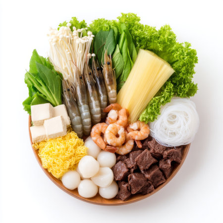 A beautifully arranged bowl displaying fresh seafood, noodles, and vibrant vegetables. Perfect for meal prep, culinary photography, or food blogs.の素材