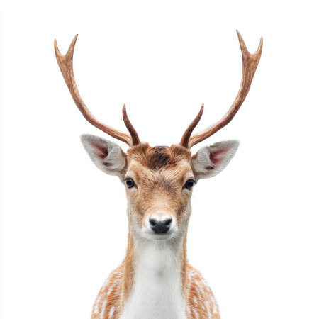 This stunning portrait features a majestic stag with prominent antlers, captured in a serene moment against a pure white background. Its calm expression showcases the elegance of wildlife and the beauty of nature.の素材