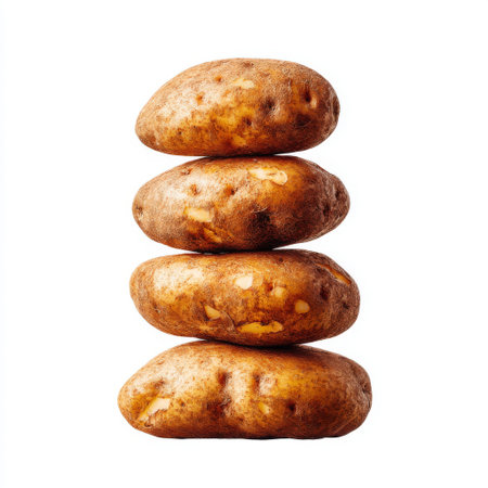 A visually appealing arrangement of freshly harvested potatoes stacked in a playful manner. Ideal for culinary and agriculture themes, showcasing organic produce.の素材